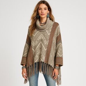 Free People Wool Alpaca Blend Poncho Beige Aztec Cowl Neck Be the One Sweater S